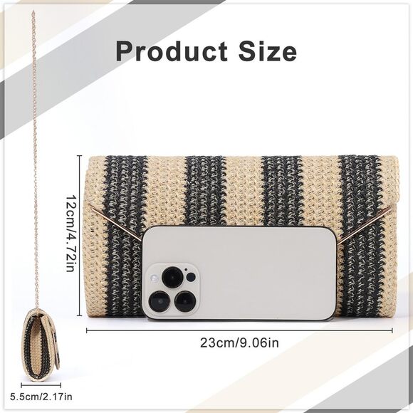 Summer Beach Woven Straw Envelope Clutch with Chain Strap - Picture 4 of 7